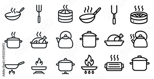 Cooking and kitchen outline icons set – flat, linear, culinary tools and utensils