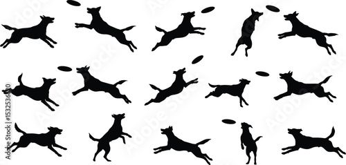 Set of vector silhouette illustrations of dogs jumping and catching frisbee, active playful pet dog poses for graphic design