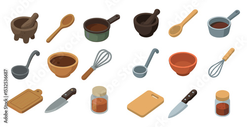 Kitchen tools isometric icons set – utensils, cookware, culinary essentials