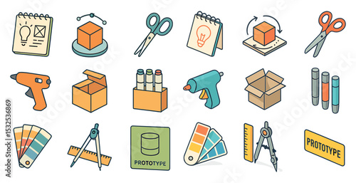 Prototyping and design icons set – outline, linear, creative tools and materials