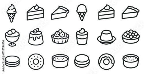 Dessert and sweets outline icons set – treats, confections, and sugary delights symbols