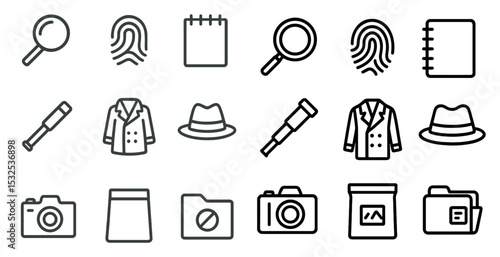 Detective tools line icons set – outline, investigation and mystery symbols