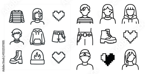 Fashion and apparel outline icons set – linear, silhouette, clothing and style graphics