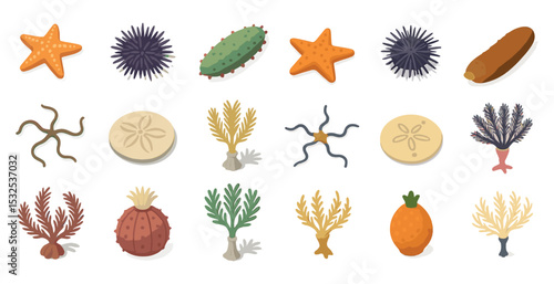 Marine life flat icons set – filled, ocean, sea creature graphics
