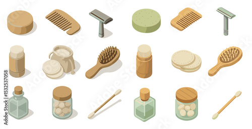 Personal care isometric icons set – grooming, hygiene, wellness symbols