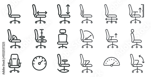 Office chair adjustment outline icons set – ergonomic, seating, posture tools