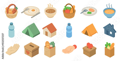 Outdoor and camping icons set – isometric, filled, adventure and survival symbols