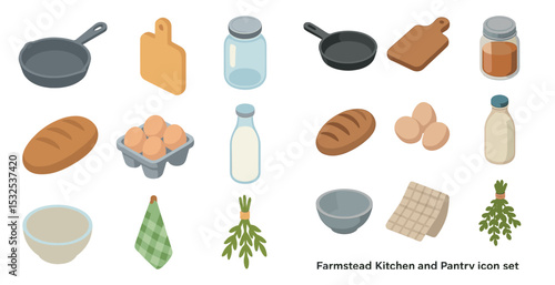 Farmstead kitchen icon set – flat, filled, cooking and pantry essentials