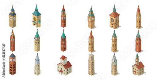 Clock tower isometric icons set – 3d, architectural, landmark design symbols