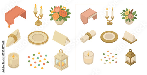 Dining and table setting icons set – isometric, flat, elegant dinnerware symbols