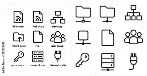 Network and permissions line icons set – outline, file sharing, server management tools