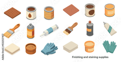 Woodworking finishing icons set – isometric, tools, staining and varnishing essentials