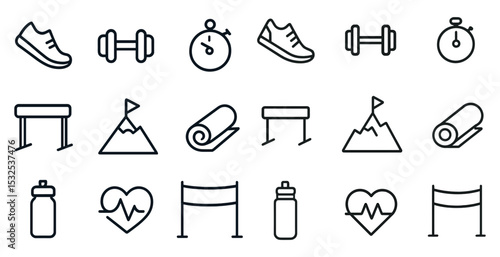 Fitness and exercise line icons set – outline, gym, health and wellness symbols