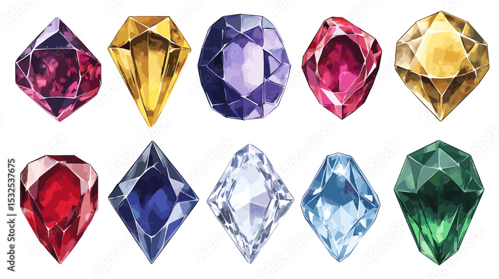 Fototapeta premium Vector set of precious expensive gemstones of different crystals shapes sapphire diamond ruby ​​crystal carat emerald yellow green blue gold pearl sparkles on a white background