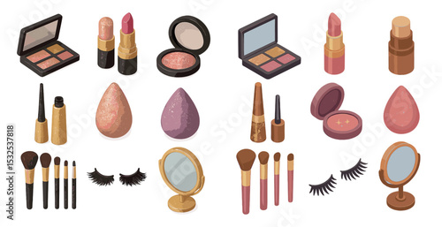 Beauty and makeup 3d icons set – cosmetic, skincare, glam symbols for design