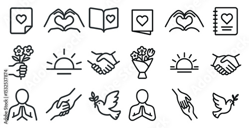 Peace and love icons set – outline, linear, harmony and compassion symbols