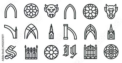 Gothic architecture outline icons set – line, linear, cathedral and medieval designs