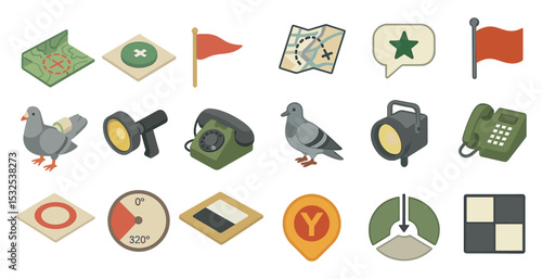 Map and navigation icons set in isometric – compass, direction, travel symbols