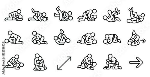 Wrestling and mma icons set – outline, silhouette, combat and grappling symbols