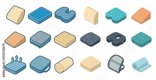 Ergonomic support icons set – isometric, 3d, comfort aid and cushion symbols