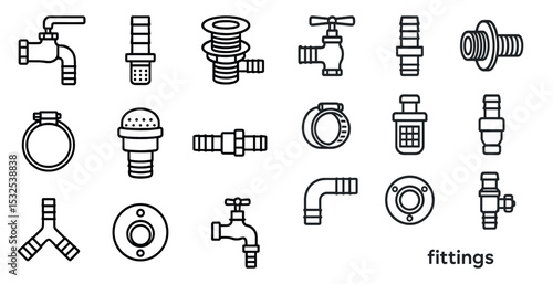 Plumbing and pipe outline icons set – fittings, waterworks, repair symbols