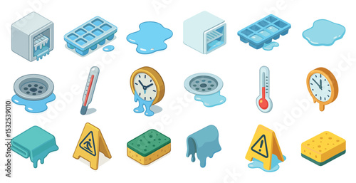 Ice and water isometric icons set – 3d, melting, freezing, climate symbols