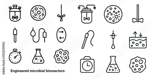Biotechnology outline icons set – flat, linear, lab equipment and microbial symbols