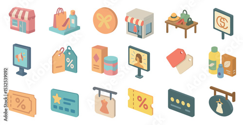 Shopping and retail icons set – flat, filled, e-commerce and store symbols