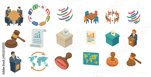 Political and debate isometric icons set – 3d, voting, government symbols