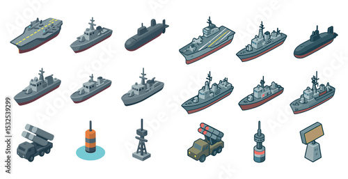 Navy and military isometric icons set – ships, submarines, naval defense visuals