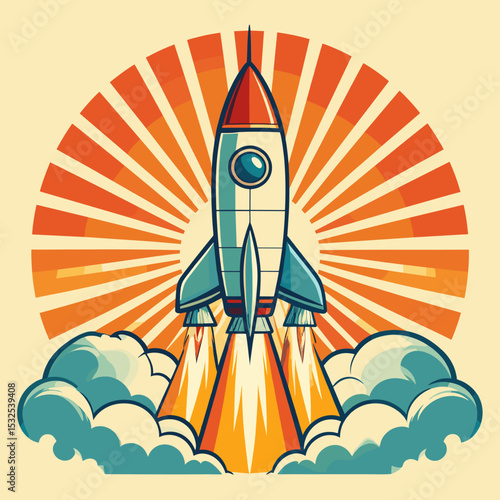 Retro-style rocket launch illustration with sunburst background and smoke clouds in vintage vector design