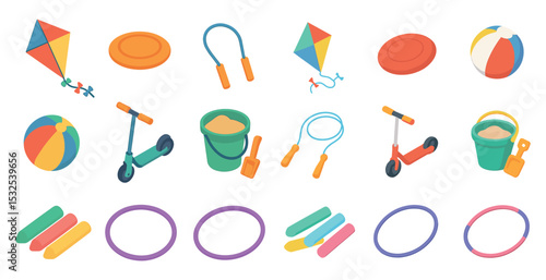 Playground activities icons set – isometric, toys, playtime symbols