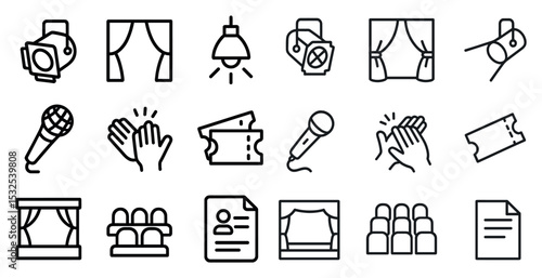 Theater and stage line icons set – silhouette, performance, drama symbols