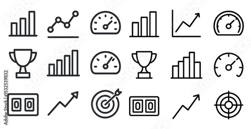 Performance and analytics outline icons set – linear, metric, dashboard visuals