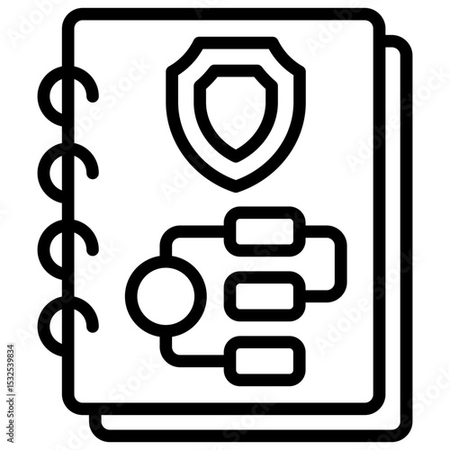 Safety Handbook Outline Style - Spiral handbook with flowchart and shield, symbolizing organized safety protocols and training modules