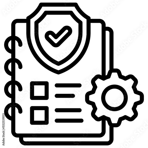 Safety Manual Outline Style - Notebook with checklist, shield, and gear, representing documented safety procedures and protected protocols