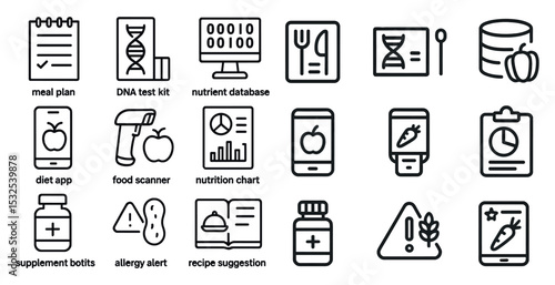 Health and nutrition outline icons set – flat, food, wellness symbols
