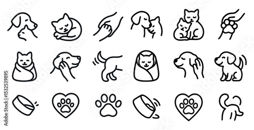Pet care outline icons set – silhouette, linear, animal and veterinary symbols