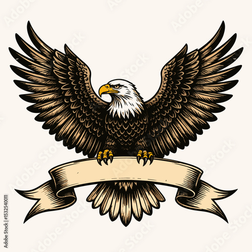 Vintage bald eagle with spread wings perched on blank ribbon banner, heraldic style illustration on light background
