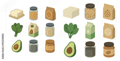 Vegan food flat icons set – healthy, plant-based, organic nutrition symbols
