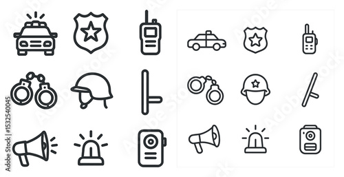 Police and security line icons set – filled, outline, surveillance symbols
