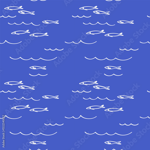 Sardine Fish seamless repeating blue pattern. Background with marine underwater motif summer rapport. Hand-drawn ornament with graphic pilchard, sea fishing. Vector illustration for textile, card