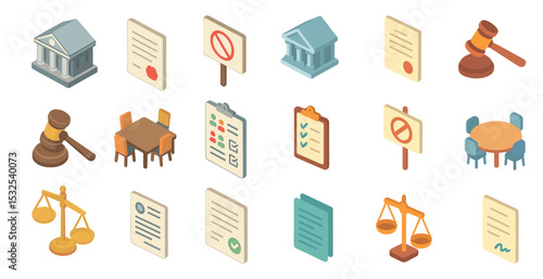 Legal and law isometric icons set – filled, justice and court symbols