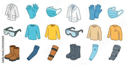 Safety and medical linear icons set – health, workplace, protective equipment symbols