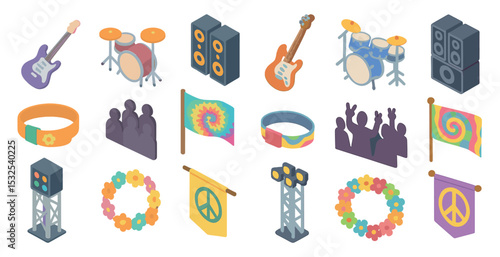 Music festival icons set – isometric, band, concert symbols and peace signs