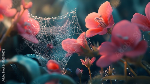 Delicate spiderweb adorned with dew drops among vibrant pink flowers.