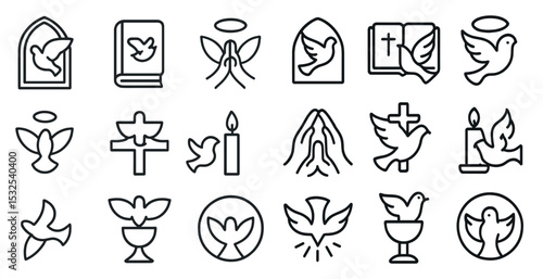 Christian symbols line icons set – outline, linear, faith and religion signs