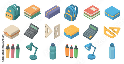 School supplies isometric icons set – books, backpacks, educational tools