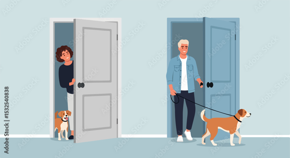 Fototapeta premium Flat Vector Illustration of Two People with Dogs at Adjacent Doorways