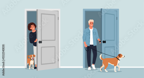 Flat Vector Illustration of Two People with Dogs at Adjacent Doorways